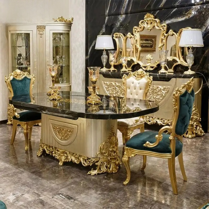 Royal Turkish Emerald Velvet Dining Set – Gold Carved Marble Table & Chairs
