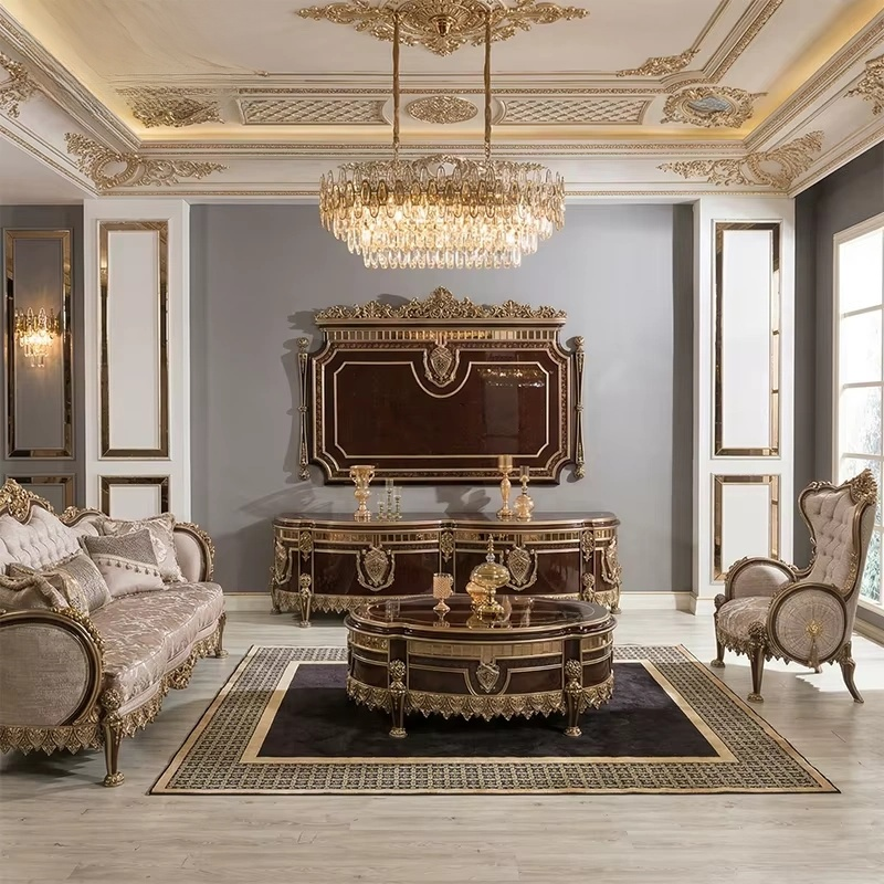 Royal Turkish Walnut & Gold Gilded Sofa Set – Carved Living Room Furniture