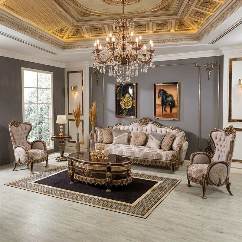 Royal Turkish Walnut & Gold Gilded Sofa Set – Carved Living Room Furniture