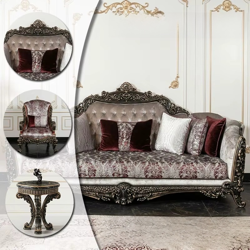 Premium Home Burgundy Velvet Sofa Set with Silver Gilded Wood & Coffee Table