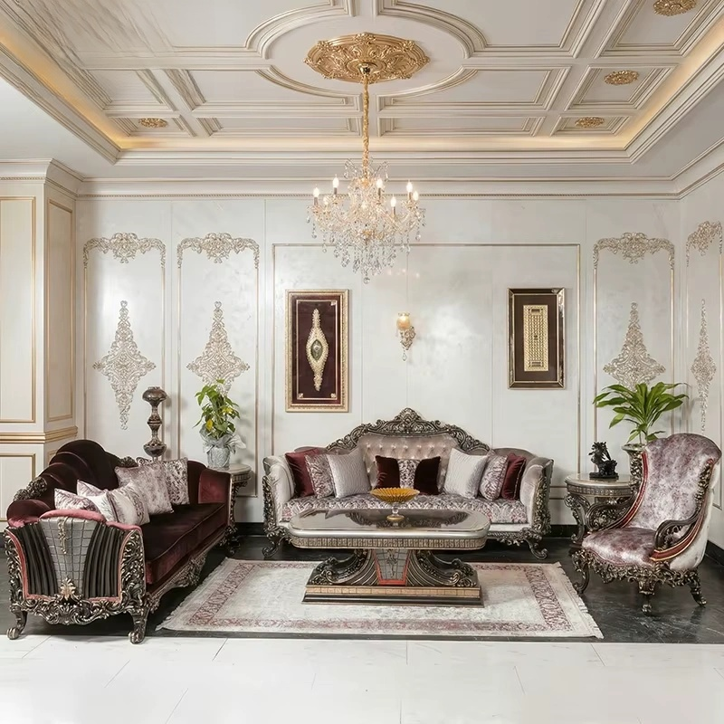 Premium Home Burgundy Velvet Sofa Set with Silver Gilded Wood & Coffee Table