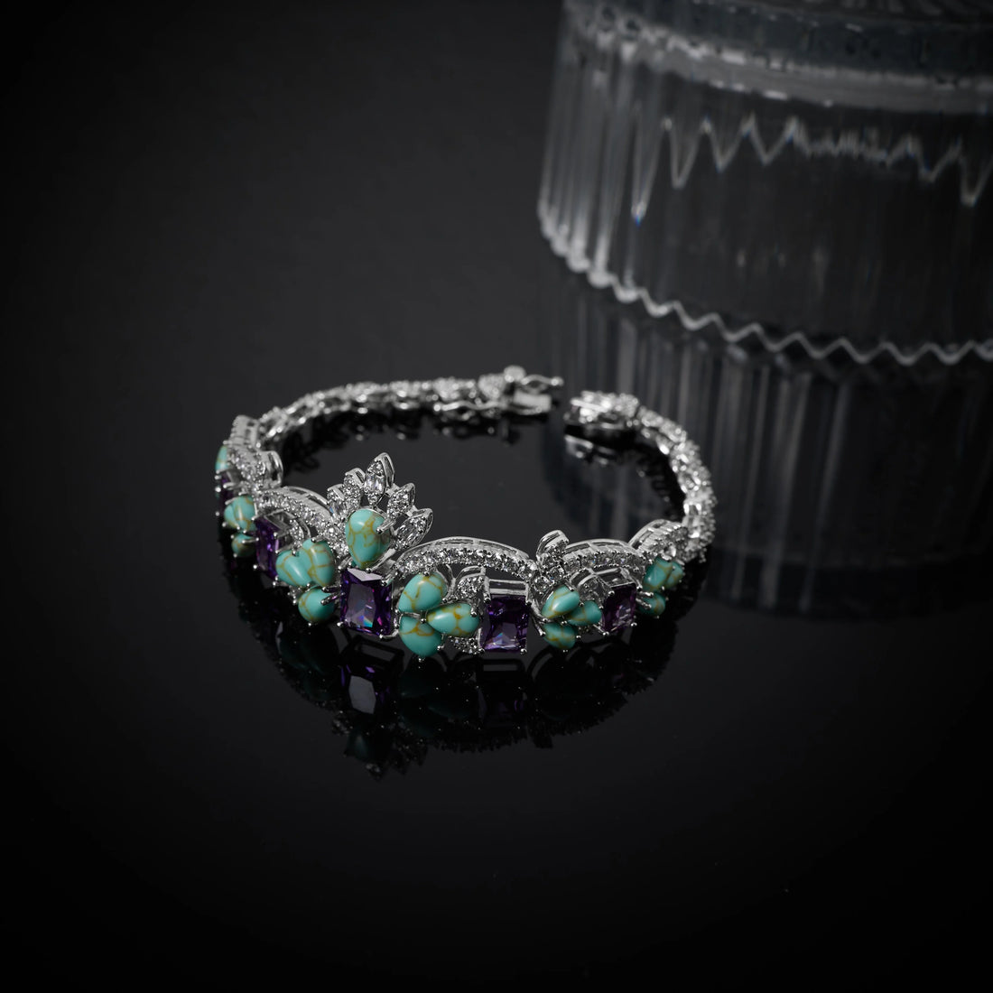 Luxury Turquoise and Amethyst Cubic Zirconia Bridal Jewelry Set for Women