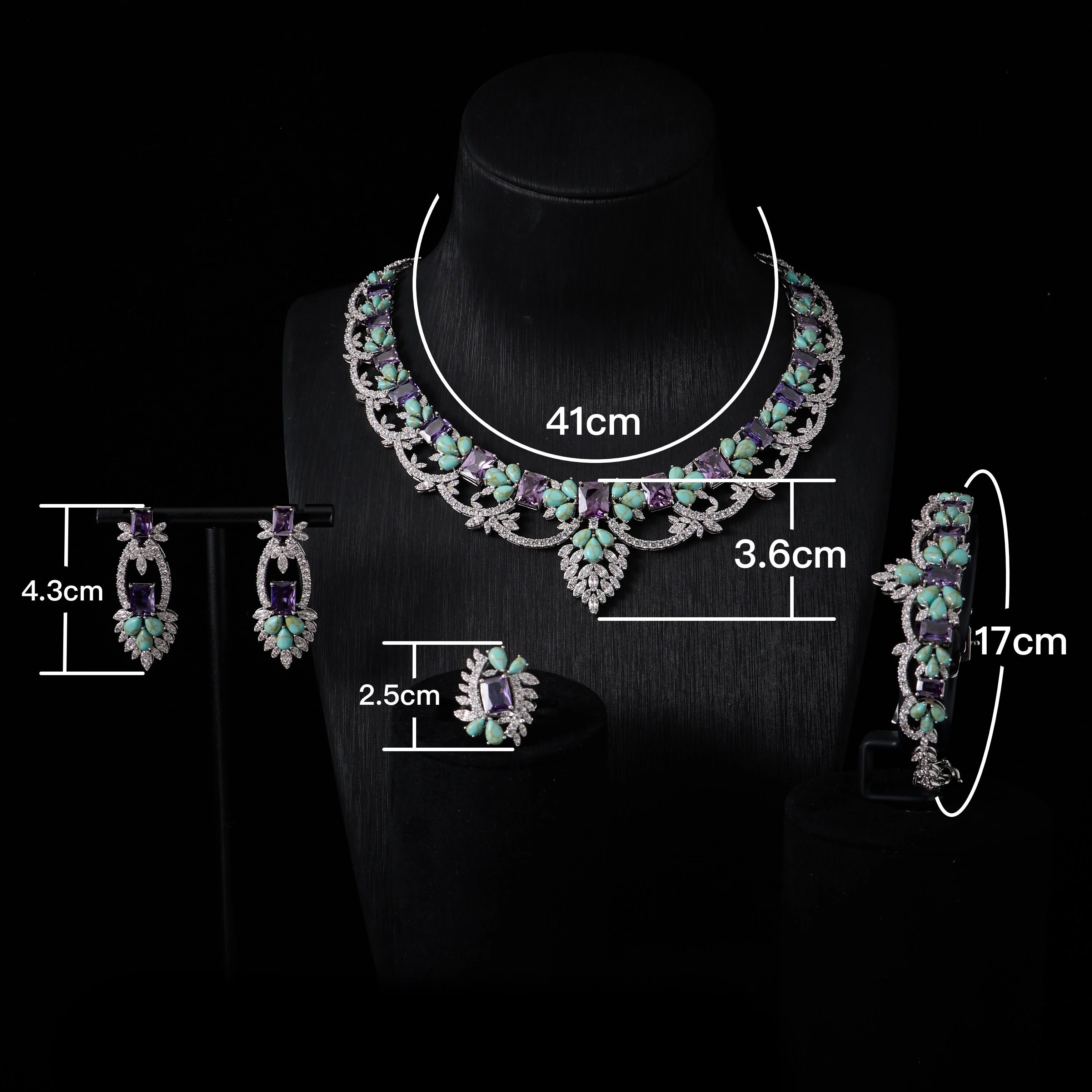 Luxury Turquoise and Amethyst Cubic Zirconia Bridal Jewelry Set for Women
