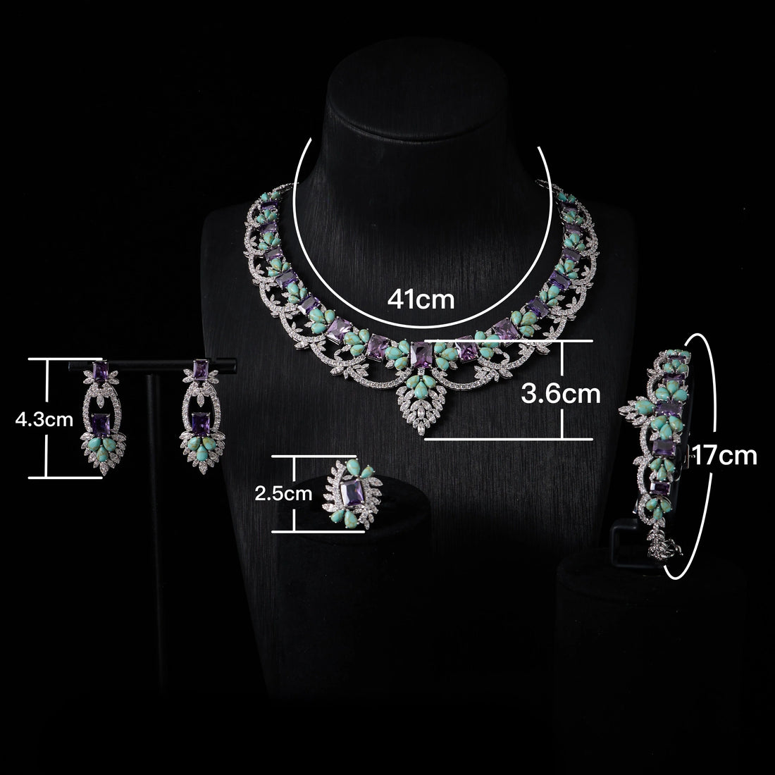 Luxury Turquoise and Amethyst Cubic Zirconia Bridal Jewelry Set for Women