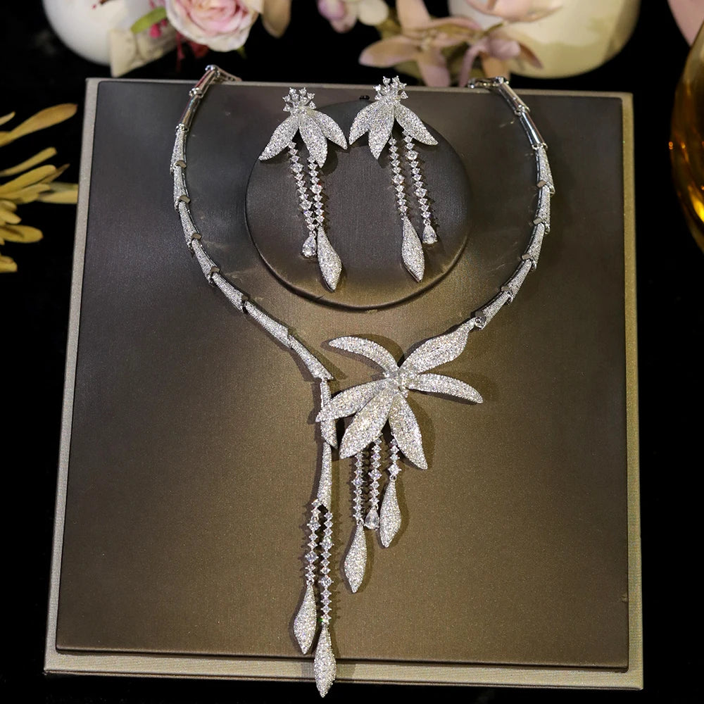 Luxury Zircon Flower Wedding Bridal Necklace Set