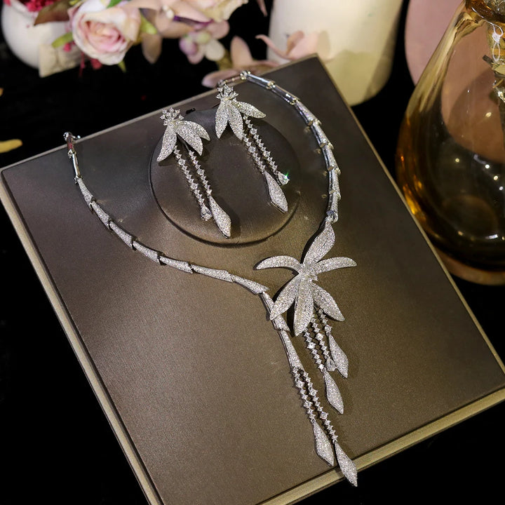Luxury Zircon Flower Wedding Bridal Necklace Set