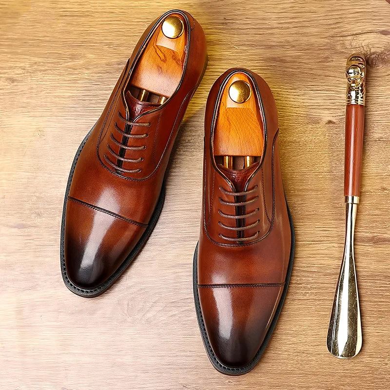 Men’s Genuine Leather Cap Toe Oxford Shoes – Cow Leather Business Dress Shoes,