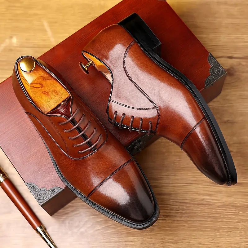 Men’s Genuine Leather Cap Toe Oxford Shoes – Cow Leather Business Dress Shoes,