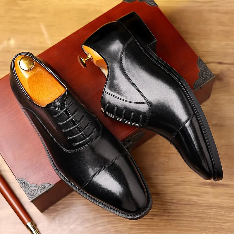 Men’s Genuine Leather Cap Toe Oxford Shoes – Cow Leather Business Dress Shoes,