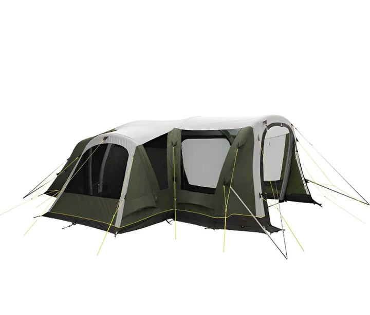 Camping tent with green and gray color scheme on a white background