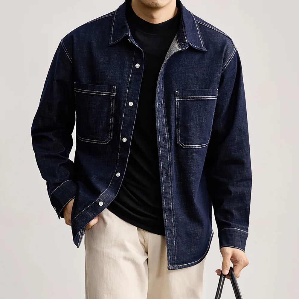 Men’s American Vintage Denim Shirt – Loose-Fit Casual Long Sleeve Streetwear