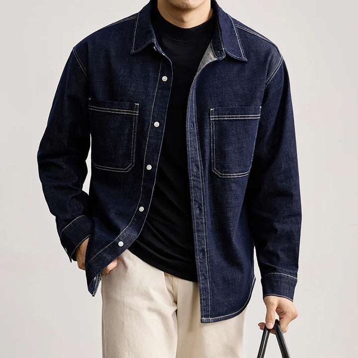 Men’s American Vintage Denim Shirt – Loose-Fit Casual Long Sleeve Streetwear