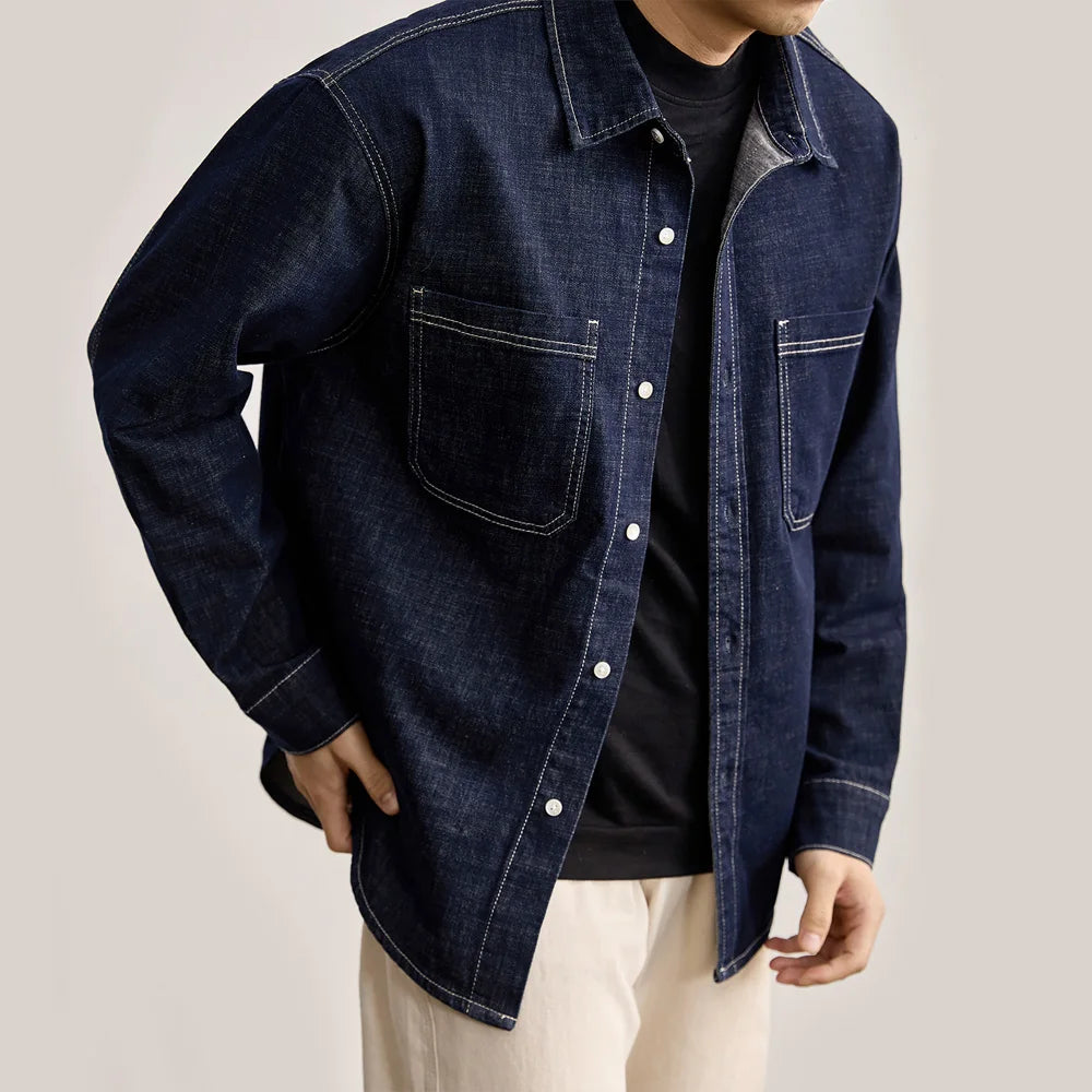 Men’s American Vintage Denim Shirt – Loose-Fit Casual Long Sleeve Streetwear