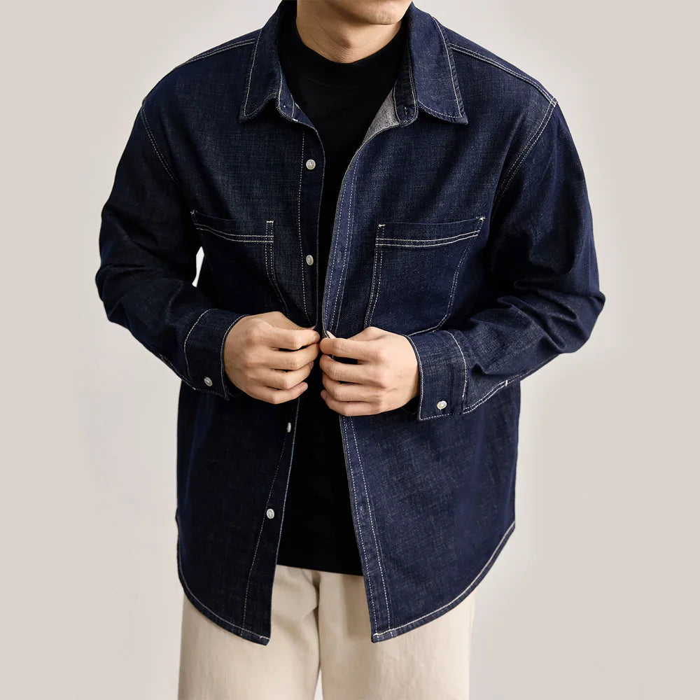 Men’s American Vintage Denim Shirt – Loose-Fit Casual Long Sleeve Streetwear