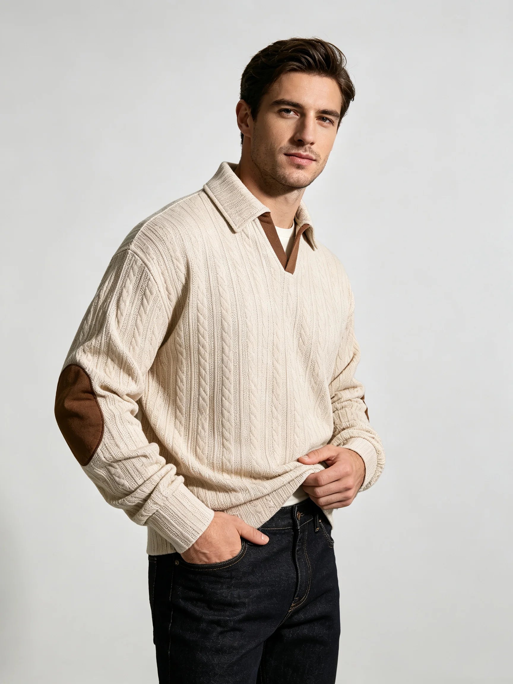 Men’s Beige Cable Knit Polo Sweater – Contrast V-Neck Elbow Patch Pullover