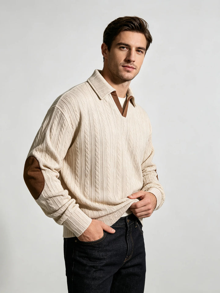 Men’s Beige Cable Knit Polo Sweater – Contrast V-Neck Elbow Patch Pullover