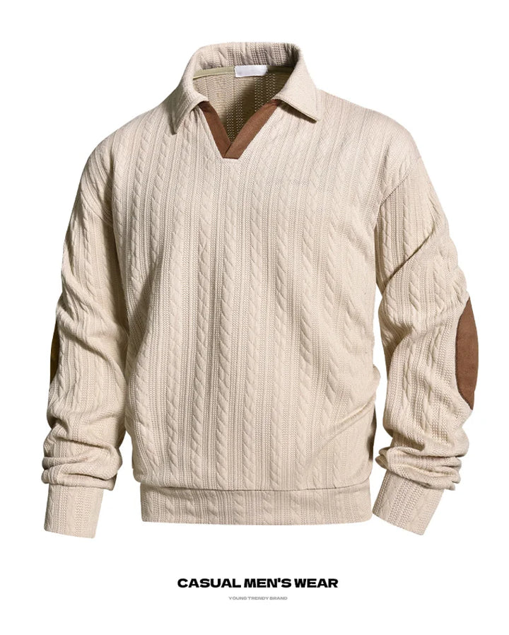 Men’s Beige Cable Knit Polo Sweater – Contrast V-Neck Elbow Patch Pullover