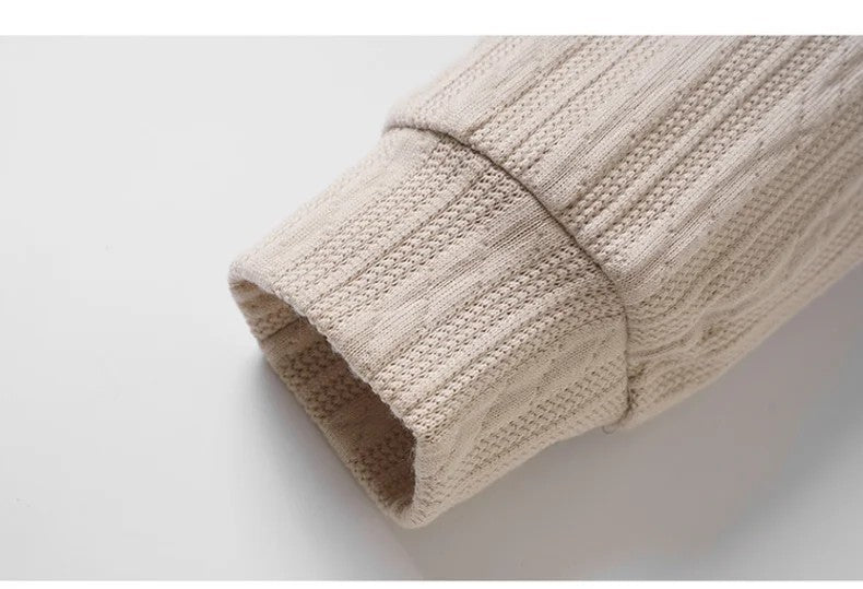 Men’s Beige Cable Knit Polo Sweater – Contrast V-Neck Elbow Patch Pullover