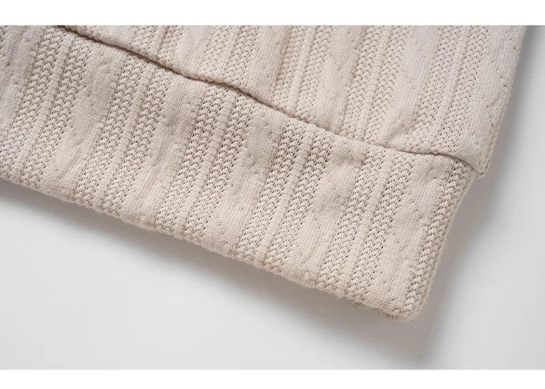 Men’s Beige Cable Knit Polo Sweater – Contrast V-Neck Elbow Patch Pullover