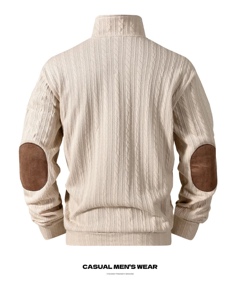 Men’s Beige Cable Knit Polo Sweater – Contrast V-Neck Elbow Patch Pullover