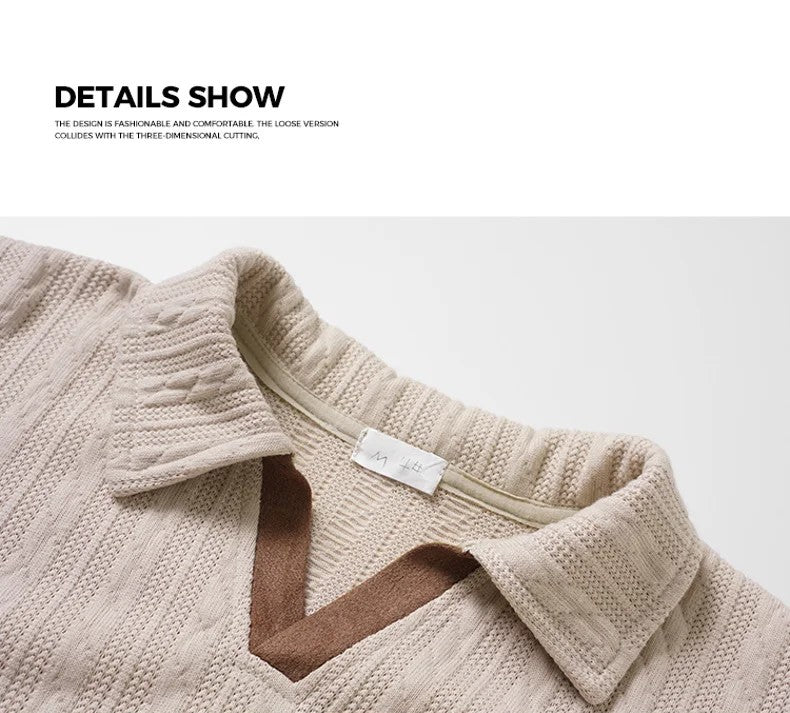 Men’s Beige Cable Knit Polo Sweater – Contrast V-Neck Elbow Patch Pullover