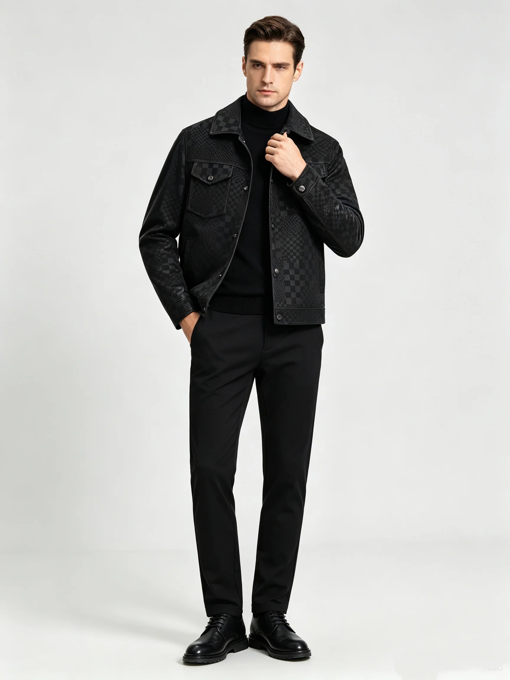 Men’s Black Faux Leather Jacket – Lapel Button-Down Slim Fit Casual Business Coat