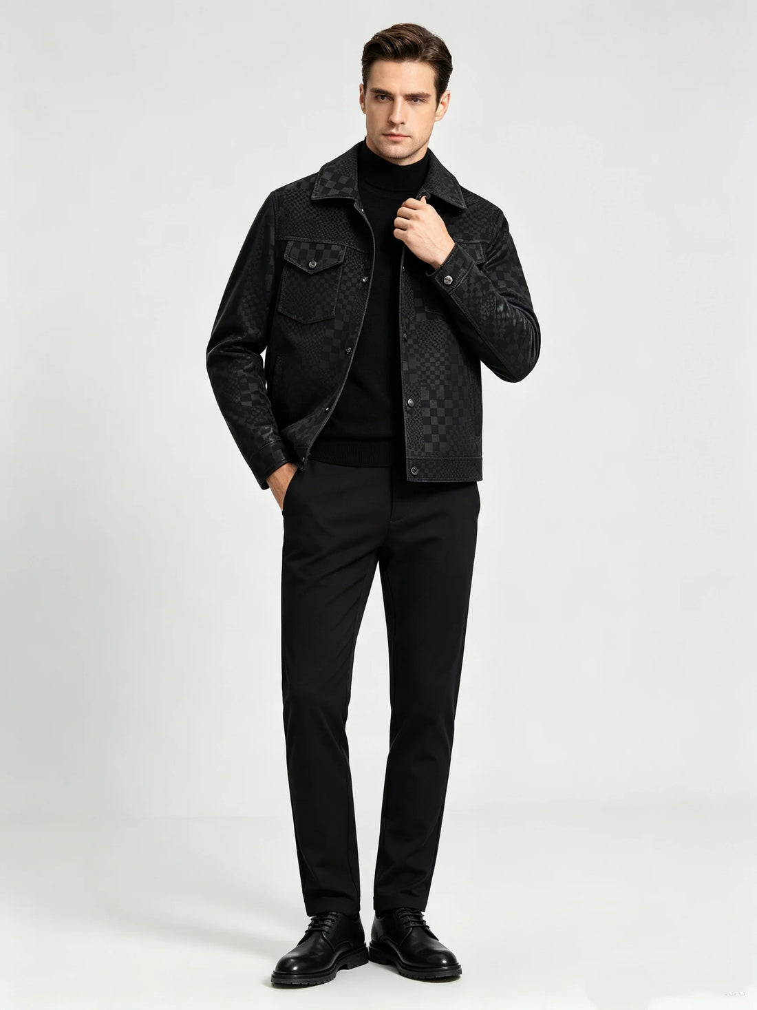 Men’s Black Faux Leather Jacket – Lapel Button-Down Slim Fit Casual Business Coat