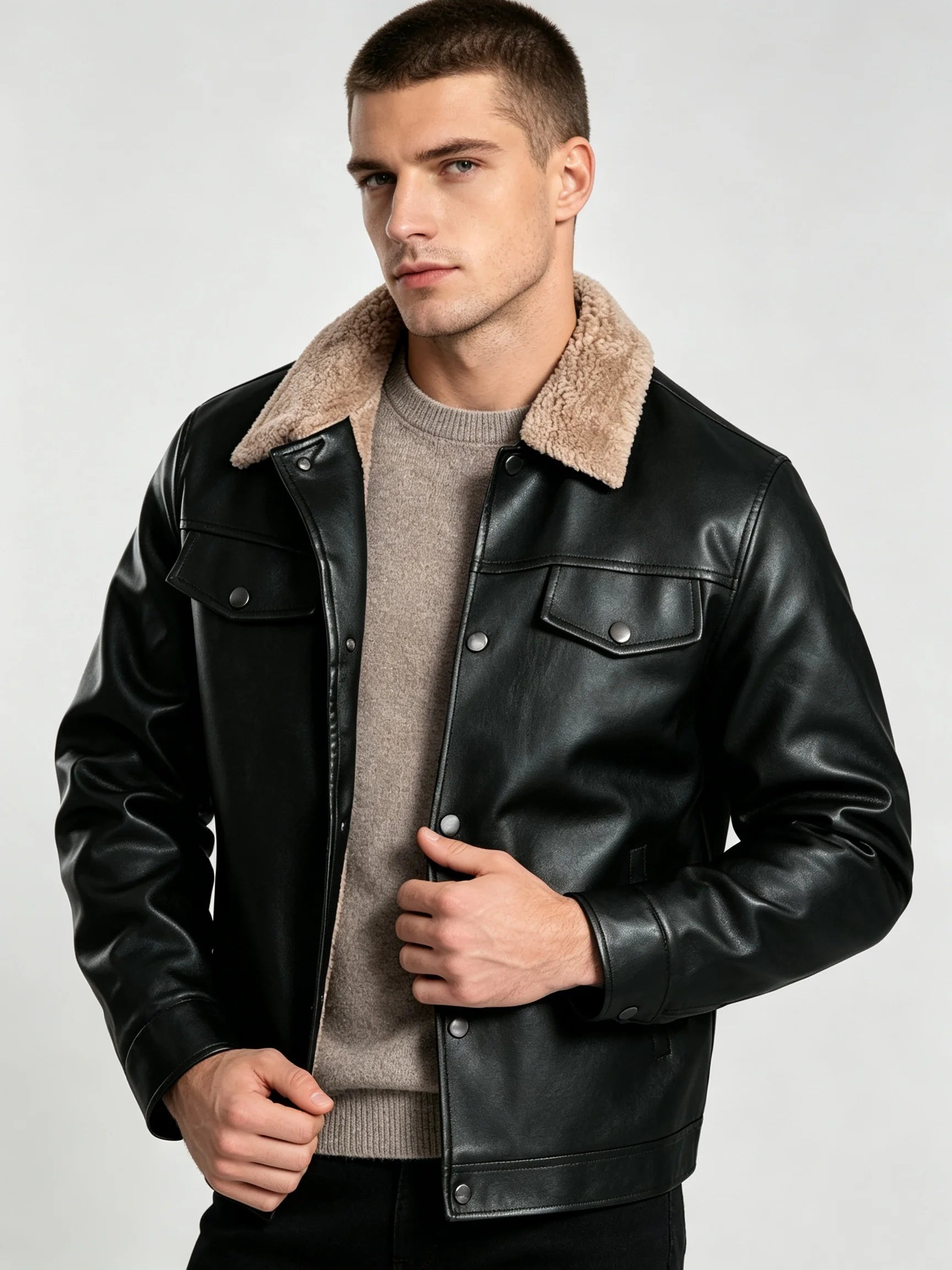 Men’s Black Faux Leather Sherpa-Lined Jacket – Warm Winter Button-Down Coat