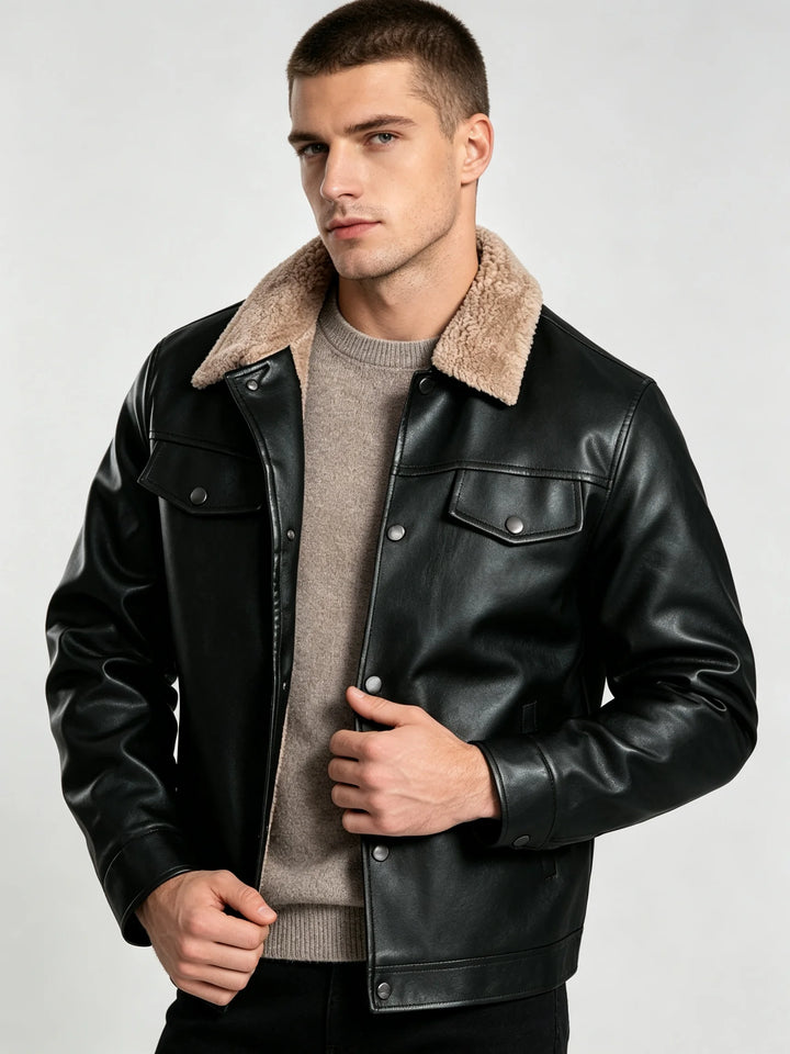 Men’s Black Faux Leather Sherpa-Lined Jacket – Warm Winter Button-Down Coat