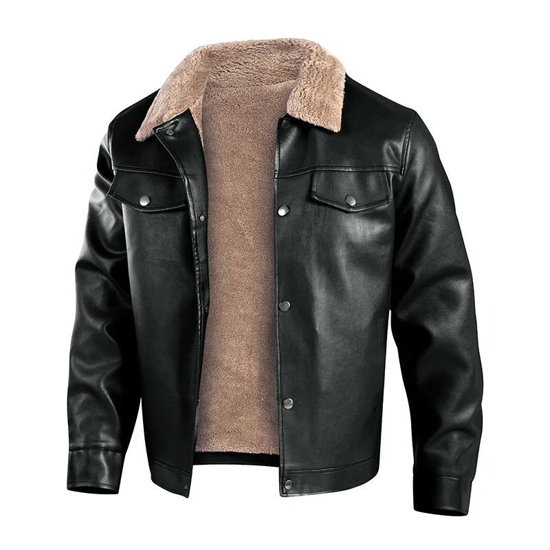 Men’s Black Faux Leather Sherpa-Lined Jacket – Warm Winter Button-Down Coat