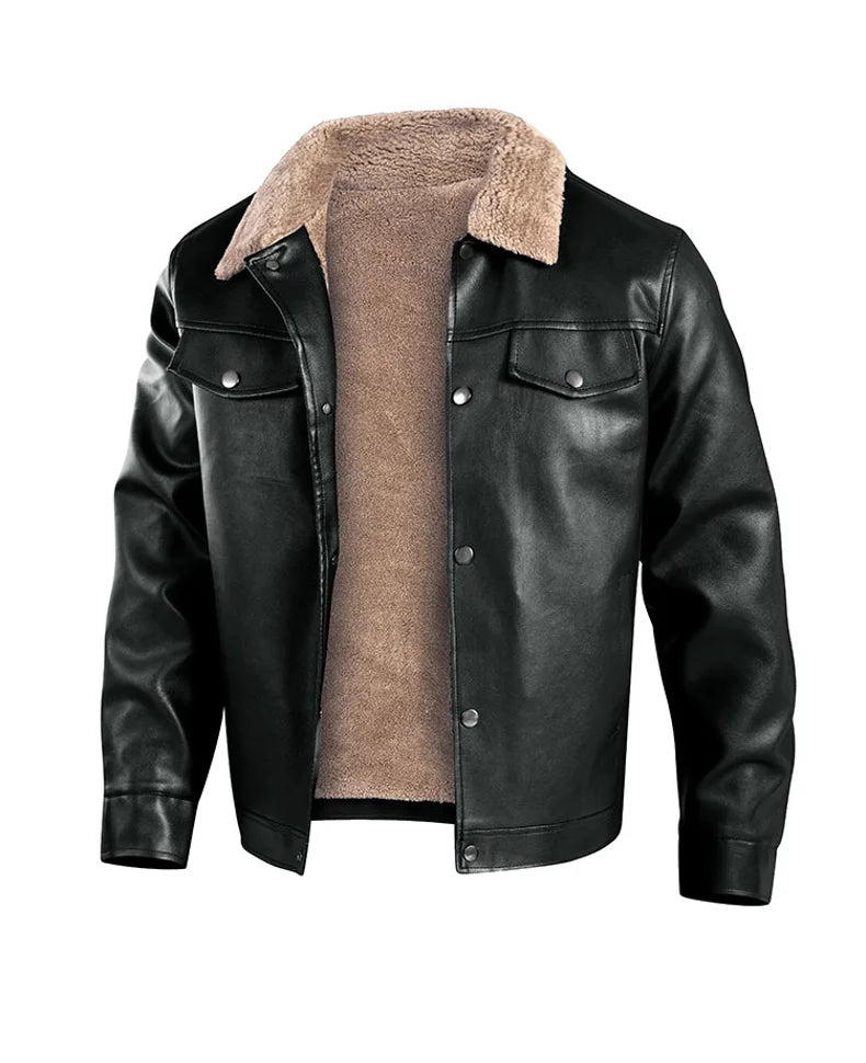 Men’s Black Faux Leather Sherpa-Lined Jacket – Warm Winter Button-Down Coat