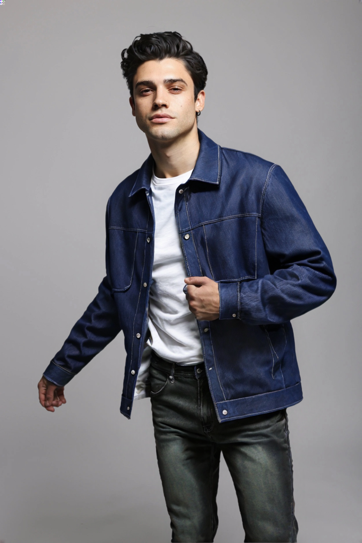 Men’s Blue Denim Jacket with White Stitching – Loose Fit Lapel Button-Up Streetwear Jacket