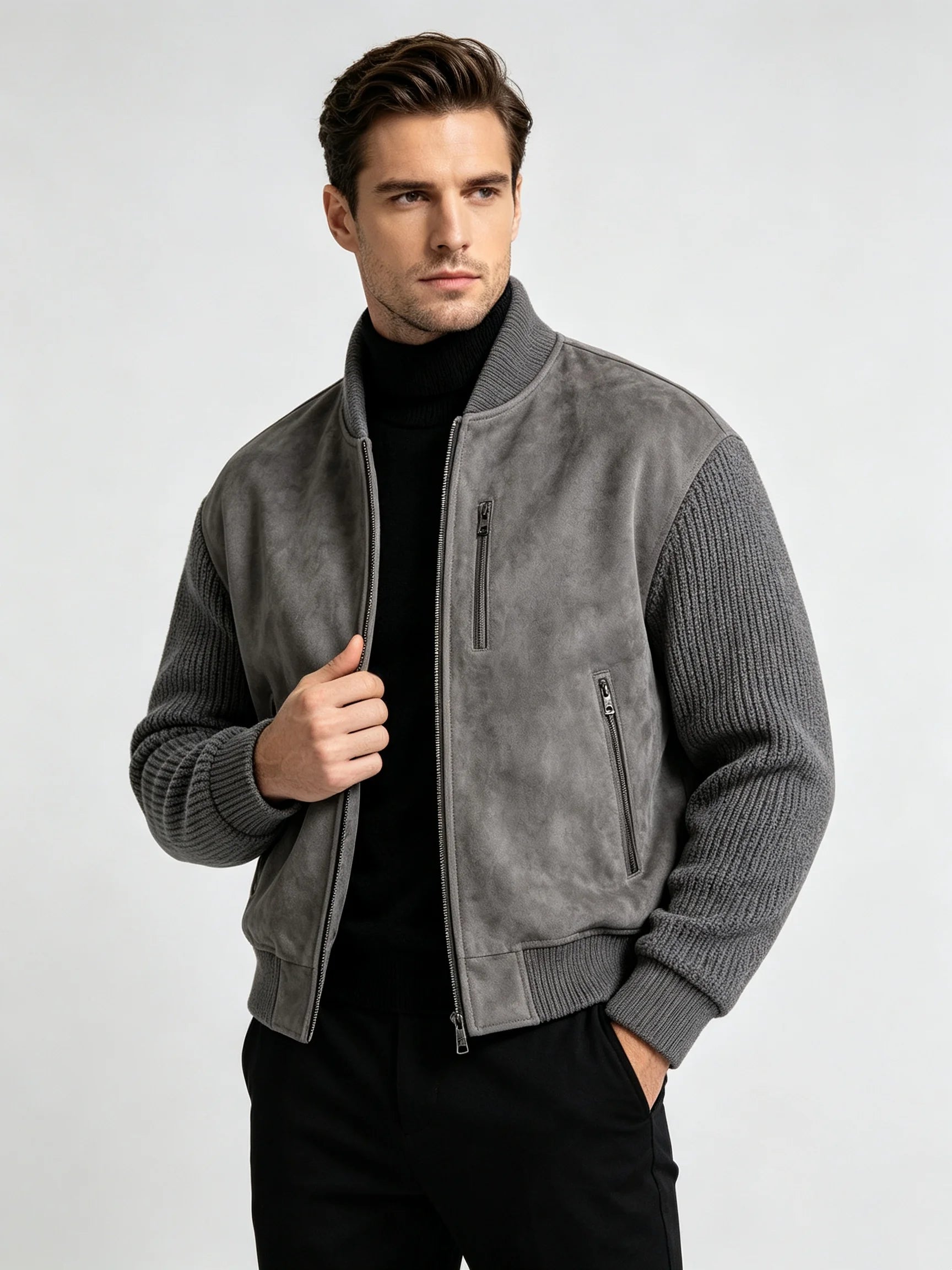 Men’s Gray Suede Bomber Jacket – Stand Collar Full-Zip Contrast Knit Sleeve Casual Coat