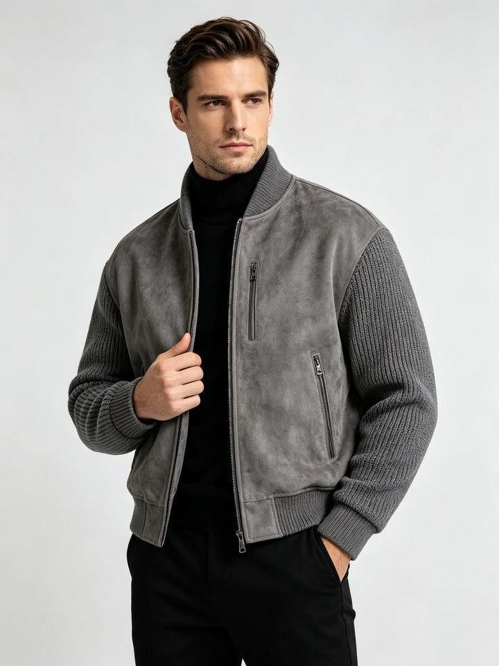 Men’s Gray Suede Bomber Jacket – Stand Collar Full-Zip Contrast Knit Sleeve Casual Coat