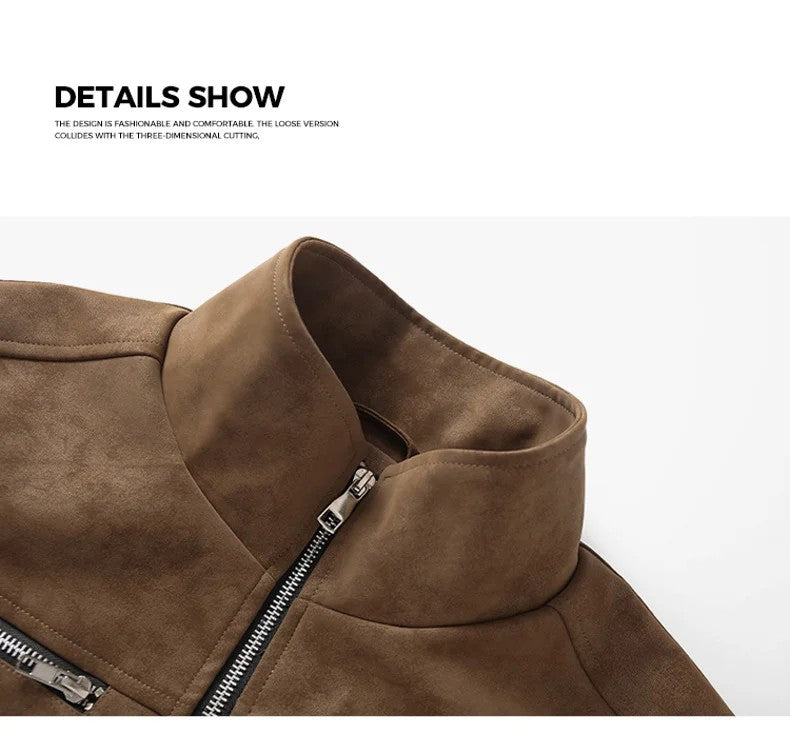 Men’s Gray Suede Bomber Jacket – Stand Collar Full-Zip Contrast Knit Sleeve Casual Coat