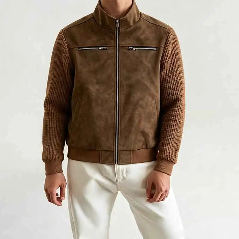Men’s Gray Suede Bomber Jacket – Stand Collar Full-Zip Contrast Knit Sleeve Casual Coat