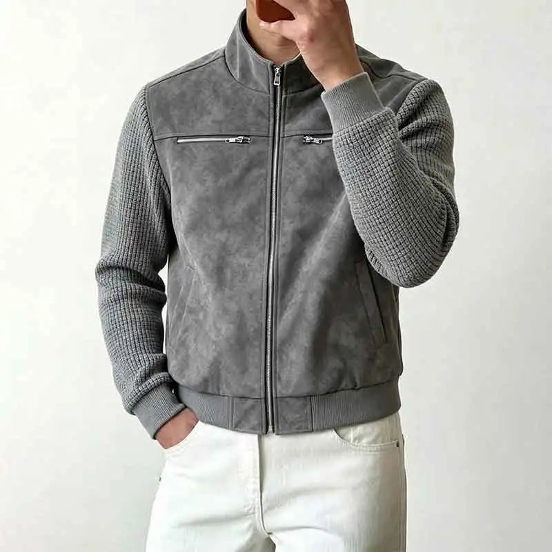 Men’s Gray Suede Bomber Jacket – Stand Collar Full-Zip Contrast Knit Sleeve Casual Coat