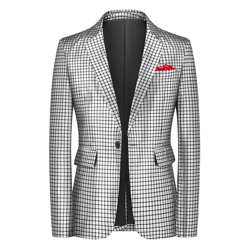 Men’s Grid Plaid Blazer – Notch Lapel Single-Button Loose Casual Suit Jacket