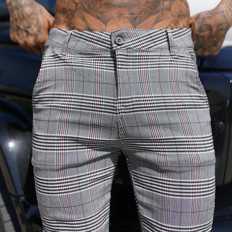 Men’s Skinny Stretch Check Pants Slim Fit Classic Trousers Office Party Wear
