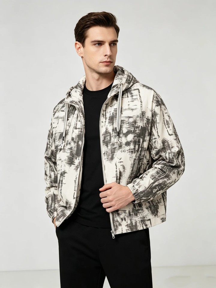 Men’s Ink Print Hooded Jacket – Full-Zip Loose Fit Casual Streetwear Outerwear