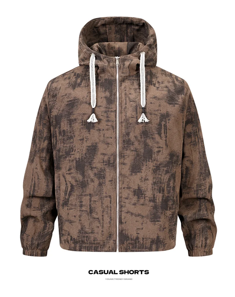Men’s Ink Print Hooded Jacket – Full-Zip Loose Fit Casual Streetwear Outerwear