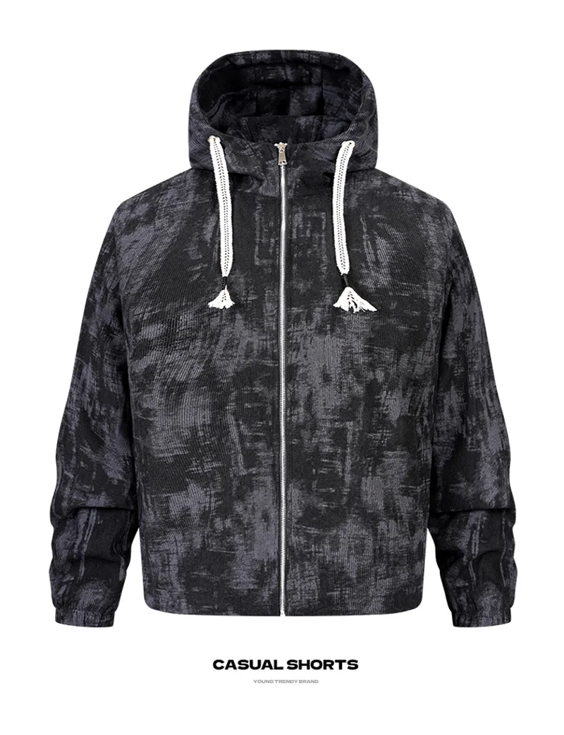 Men’s Ink Print Hooded Jacket – Full-Zip Loose Fit Casual Streetwear Outerwear