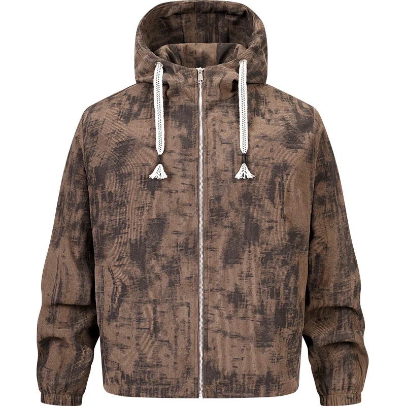 Men’s Ink Print Hooded Jacket – Full-Zip Loose Fit Casual Streetwear Outerwear