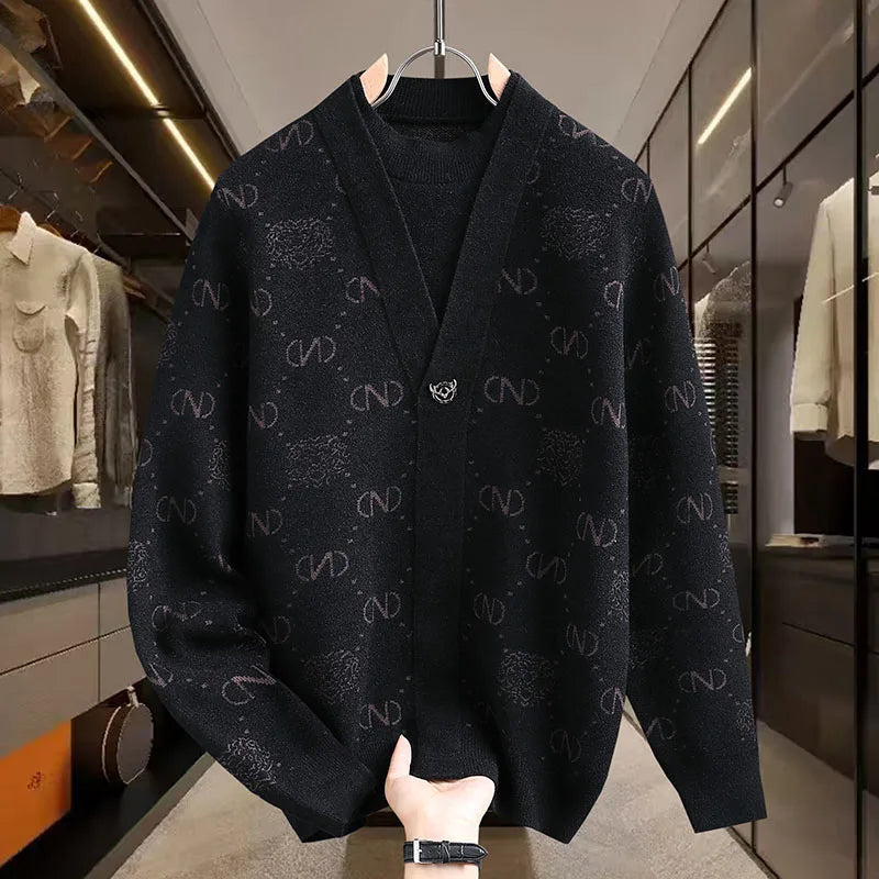 Men’s V-Neck Wool Knitted Sweater – Designer Printed Casual Jumper