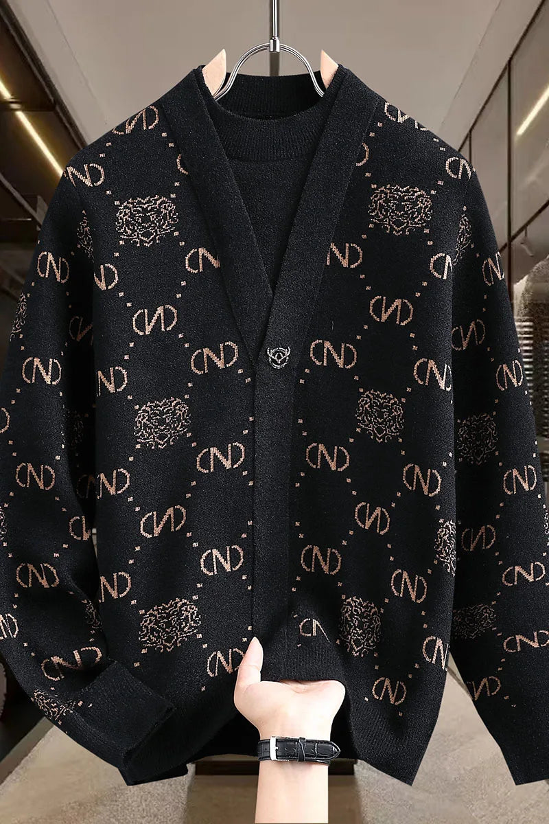 Men’s V-Neck Wool Knitted Sweater – Designer Printed Casual Jumper