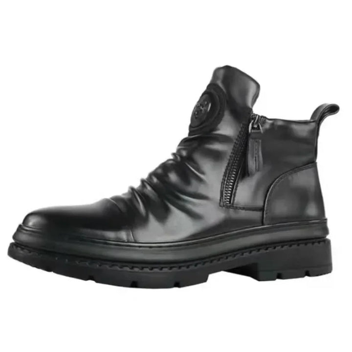 Black leather boot with a zipper on a white background