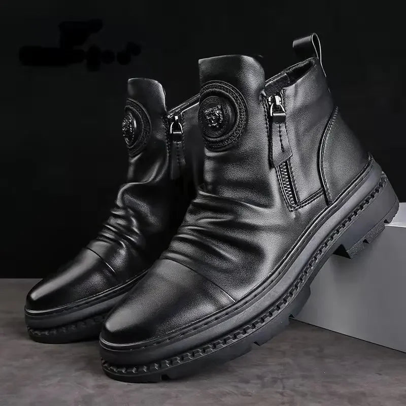 Black leather boots with decorative buttons and zippers on a dark background