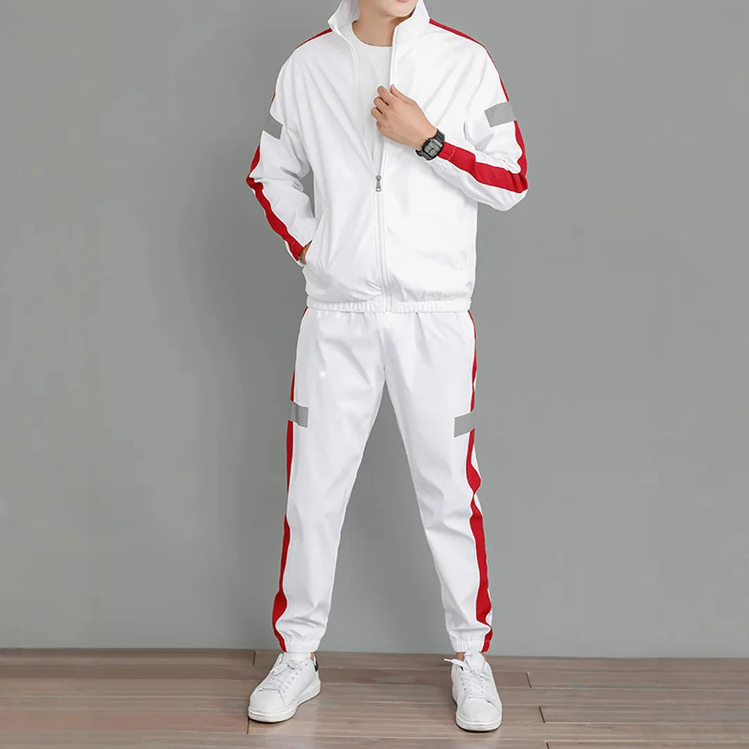 Men’s 2-Piece Reflective Stripe Tracksuit – Zip-Up Stand Collar Jacket & Jogger Pants