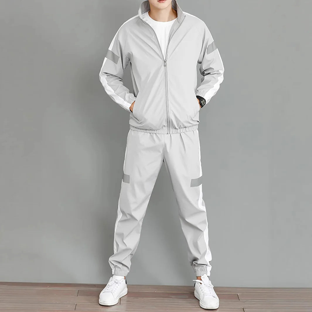 Men’s 2-Piece Reflective Stripe Tracksuit – Zip-Up Stand Collar Jacket & Jogger Pants