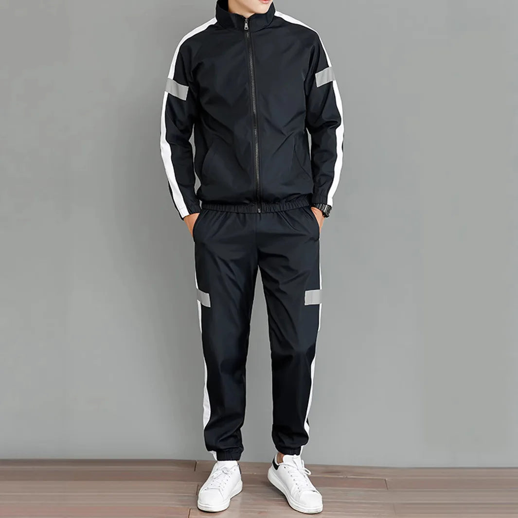 Men’s 2-Piece Reflective Stripe Tracksuit – Zip-Up Stand Collar Jacket & Jogger Pants